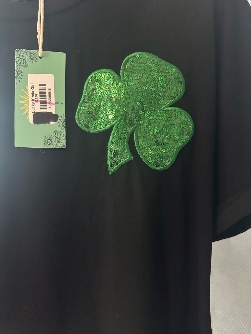 Kids' Black Tee with Green Sequin Shamrock -